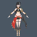 A Woman In Black And Gold Outfit With Long Black Hair And Red Accents