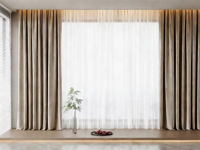 Elegant Curtains with Sheer White Layer in Modern Interior on Window Sill With Green Plant 3d model