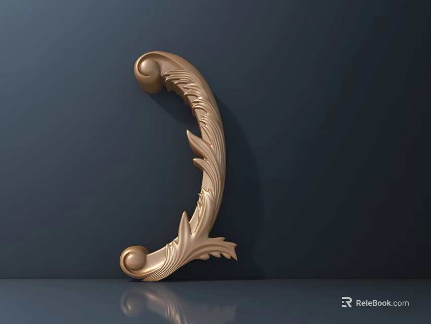 Golden Decorative Carving With Leaf And Scroll Patterns On Dark Blue Background With Reflection 3d model 