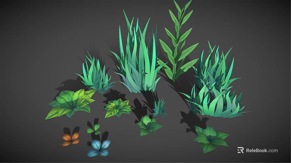 Cartoon Scene With Different Green Plant Types And Colorful Foliage Shadows 3d model 