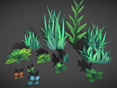 Cartoon Scene With Different Green Plant Types And Colorful Foliage Shadows 3d model
