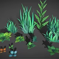 Cartoon Scene With Different Green Plant Types And Colorful Foliage Shadows