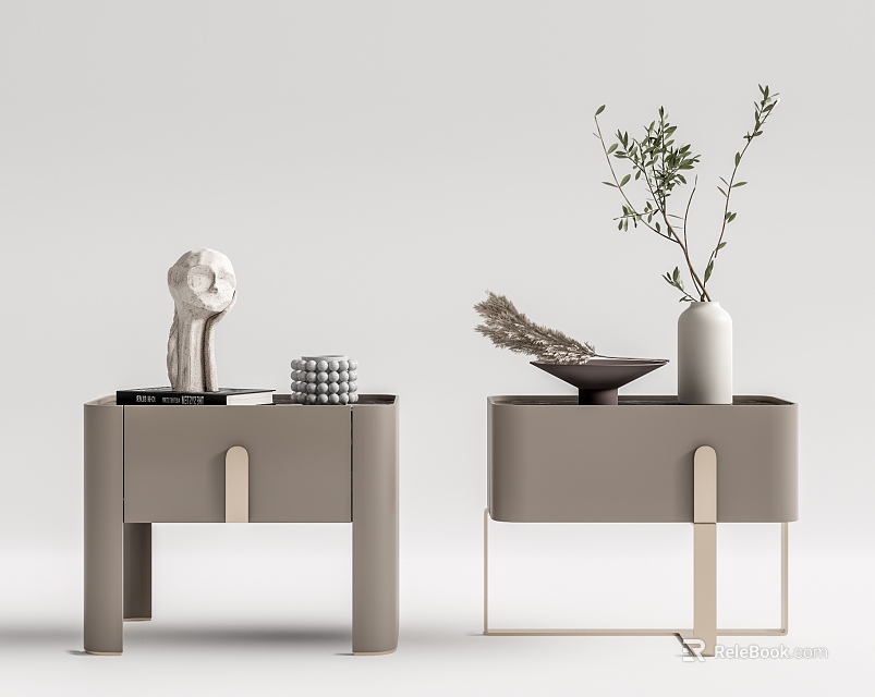 Modern Bedside Tables With Decorative Sculpture Book Plant Vase And Metal Accents 3d model 