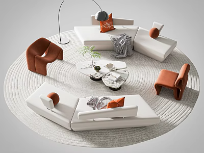 Modern White Sofa Coffee Table Set With Orange Accent Chairs Round Rug Floor Lamp 3d model