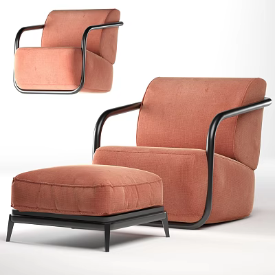 Coral Upholstered Single Seater Sofa With Black Metal Legs And Ottoman 3d model