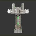 Modern Architectural Design Featuring Central Tower With Surrounding Multi story Buildings And Green Accents