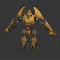 Yellow Mechanical Robot Character With Red Head Accents Green Lights And Mechanical Armor Design