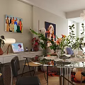 Modern Living Dining Room Interior Design With Sofa Colorful Rug Green Plants And Chandelier