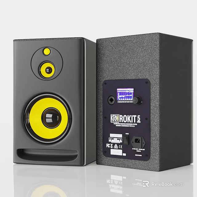 KRK Rokit 5 Studio Monitors Black And Yellow Front Panel With Back Interfaces 3d model 