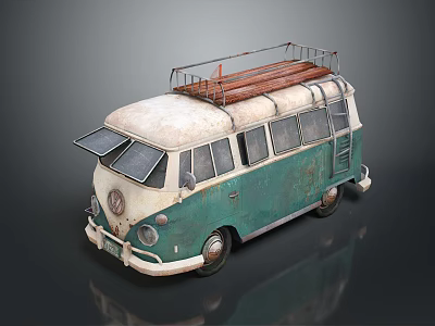 Vintage Green And White Van With Wooden Roof Rack And Open Windows Retro Style 3d model