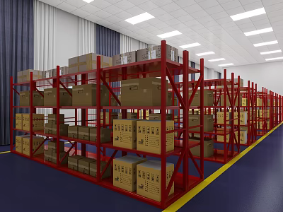 Warehouse Interior With Rows of Red Racks And Stacked Cardboard Boxes 3d model