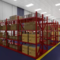 Warehouse Interior With Rows of Red Racks And Stacked Cardboard Boxes