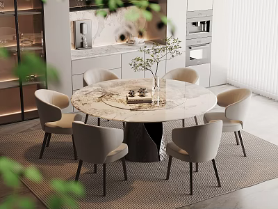 Modern Elegant Round Marble Dining Set with Light Gray Chairs in Open Kitchen 3d model
