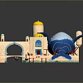 Whimsical Cartoon Scene With Yellow Domed Towers Blue Whale Building And Small Boats On Water