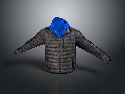 Warm Hooded Quilted Puffer Jacket In Dark Gray With Blue Hood 3d model