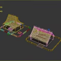 Rustic Traditional Thatched Roof Huts With Wooden Frames And Surrounding Platforms