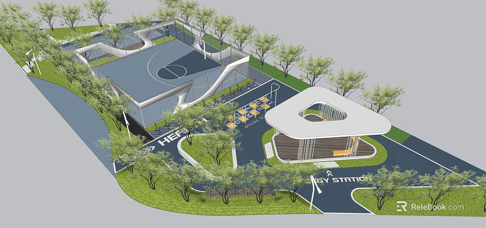 Modern Park Landscape Design With Basketball Court Walking Path Green Lawn And Trees 3d model 