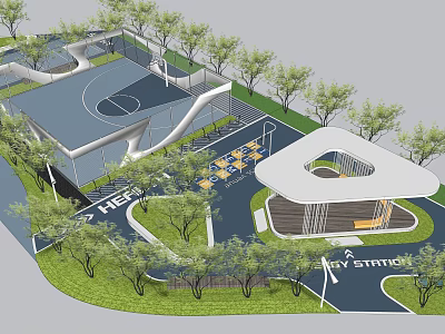 Modern Park Landscape Design With Basketball Court Walking Path Green Lawn And Trees 3d model