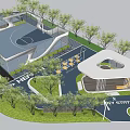 Modern Park Landscape Design With Basketball Court Walking Path Green Lawn And Trees