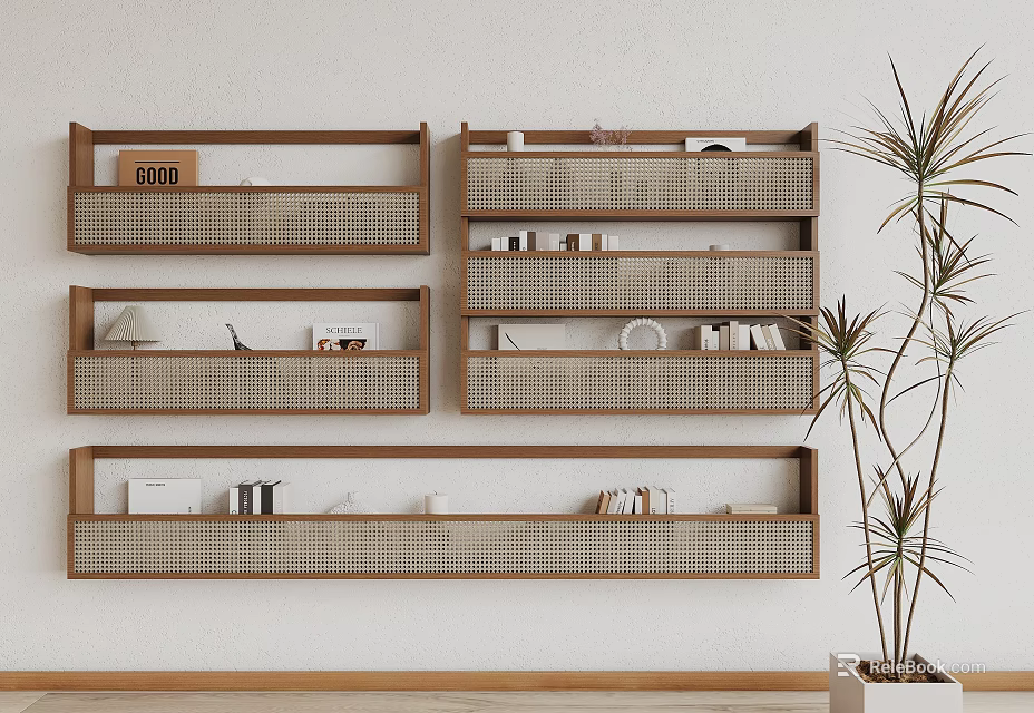 Wooden Wall Cabinets With Books Decorations And Baskets On Light Colored Wall Beside Green Plant 3d model 