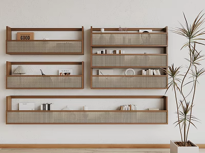Wooden Wall Cabinets With Books Decorations And Baskets On Light Colored Wall Beside Green Plant 3d model