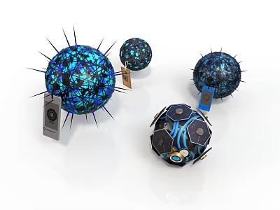 Futuristic Spherical Components With Blue Grid Patterns Spikes And Tech Modules 3d model
