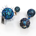 Futuristic Spherical Components With Blue Grid Patterns Spikes And Tech Modules