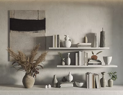 Minimalist Decorative Ornament Set With Wall Art Shelves Books Vases And Dried Pampas Grass 3d model