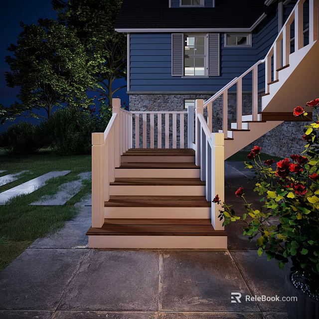 Staircase With Wooden Steps And White Railings In Nighttime Setting Near Rose Bushes Stone Pathway 3d model 