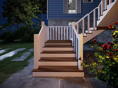 Staircase With Wooden Steps And White Railings In Nighttime Setting Near Rose Bushes Stone Pathway 3d model