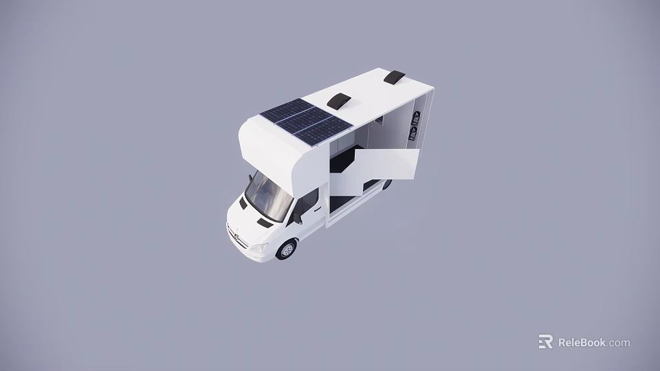 White Recreational Vehicle With Solar Panels On Roof And Open Door 3d model 