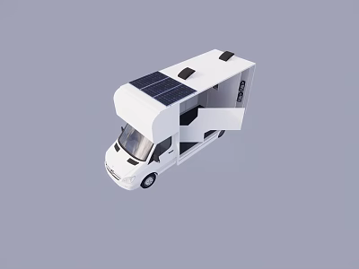 White Recreational Vehicle With Solar Panels On Roof And Open Door 3d model