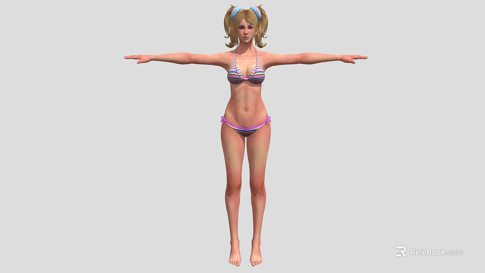 Woman in Striped Bikini with Pigtails Standing Full Body Pose Arms Outstretched 3d model 