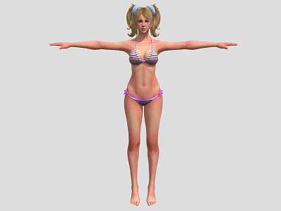 Woman in Striped Bikini with Pigtails Standing Full Body Pose Arms Outstretched 3d model