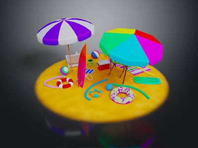 Colorful Beach Scene With Striped And Multicolored Umbrellas Surfboard Beach Ball And Inflatable Ring 3d model