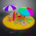 Colorful Beach Scene With Striped And Multicolored Umbrellas Surfboard Beach Ball And Inflatable Ring