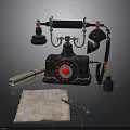 Vintage Telephone With Rolled Paper Old Map And Pen On Dark Surface