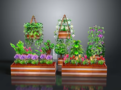 Beautiful Garden Decorative Pieces With Hanging Flower Baskets Colorful Blooms And Wooden Planters 3d model