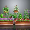 Beautiful Garden Decorative Pieces With Hanging Flower Baskets Colorful Blooms And Wooden Planters