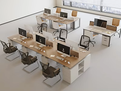 Modern Office Interior With Multiple Wooden Desks Computers Storage Cabinets And Chairs 3d model