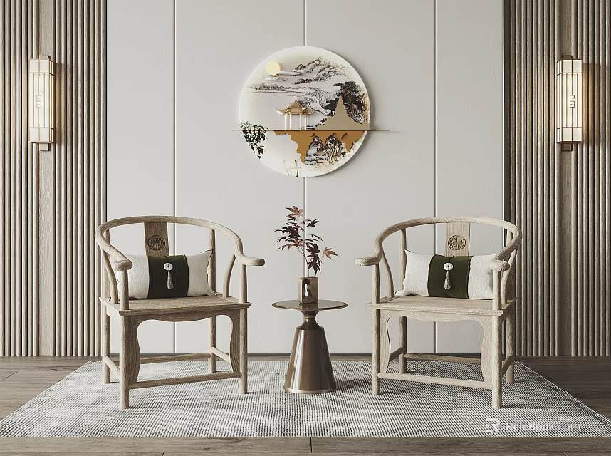 Traditional Chinese Interior Design With Wooden Chairs Small Round Table And Circular Landscape Painting 3d model 