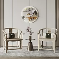 Traditional Chinese Interior Design With Wooden Chairs Small Round Table And Circular Landscape Painting