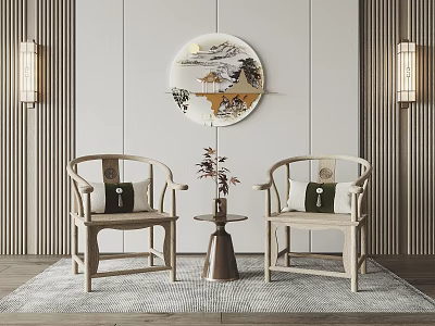 Traditional Chinese Interior Design With Wooden Chairs Small Round Table And Circular Landscape Painting 3d model