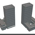 Modern Twin High Rise Office Buildings With Glass Windows And Adjacent Low Rise Structures