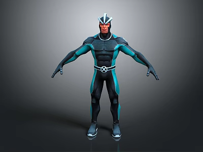 Futuristic Superhero Character In Black Teal Bodysuit With Helmet And Standing Pose 3d model