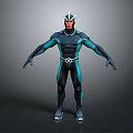 Futuristic Superhero Character In Black Teal Bodysuit With Helmet And Standing Pose