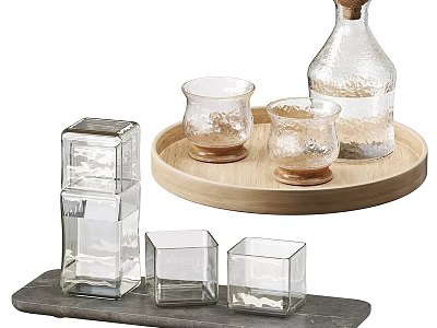 Modern Transparent Glass Cups With Textured Design On Wooden And Stone Trays 3d model