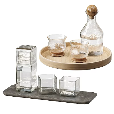 Modern Transparent Glass Cups With Textured Design On Wooden And Stone Trays 3d model