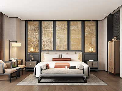 Elegant Hotel Guest Room With Golden Paneled Wall King Size Bed Nightstands And Table Lamps 3d model