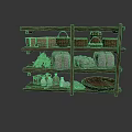 Multi tiered Rustic Wooden Shelf Displaying Baskets Clay Pots Fabric Rolls And Tray